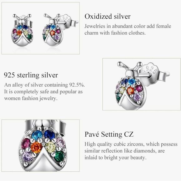 Lady Bug Zircon 925 Sterling Silver Multicolored Stud - Picture 4 of 5